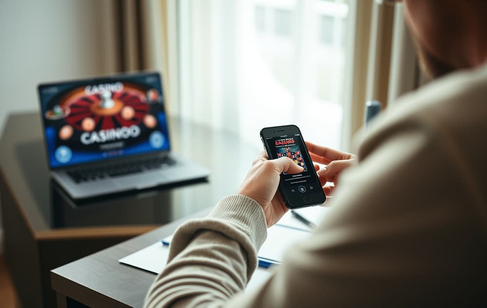 Person som overfører penger via AstroPay-appen til et casino på laptop.