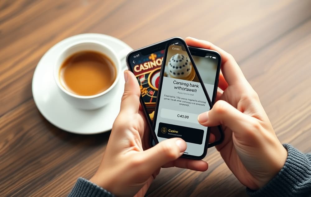 Person med mobil som viser bekreftelse på uttak fra casino via bankoverføring i norsk bank-app