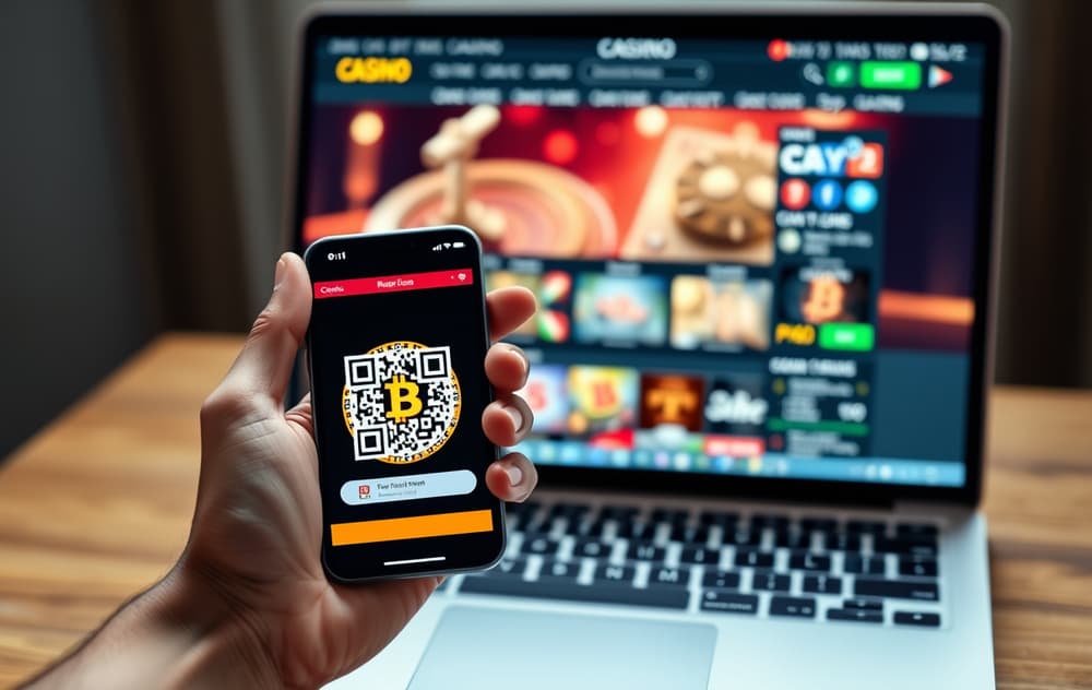 Bruker overfører Bitcoin fra mobilwallet til casino med QR-kode.