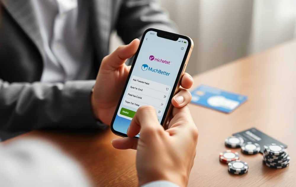 Person med mobiltelefon som viser MuchBetter-appen, med casino chips og kort på bordet.