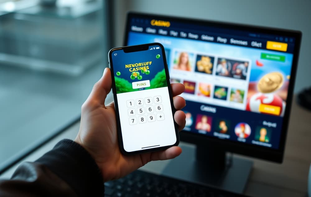 Person med mobil som viser Neosurf PIN-kode foran en casino-side på skjermen.