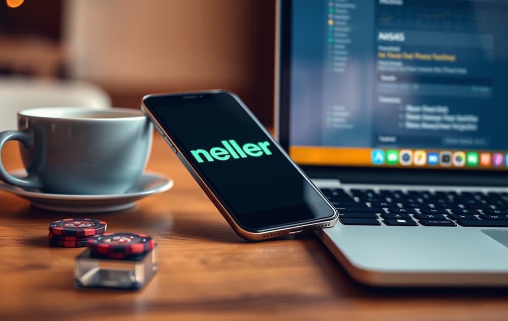 Smarttelefon og laptop med Neteller-logo på skjermen, ved siden av en kasinochip og en kaffekopp.