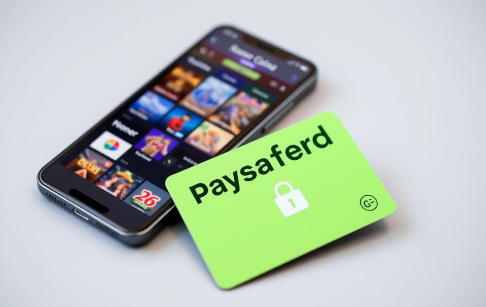 Paysafecard-kupong og mobiltelefon med casino-app