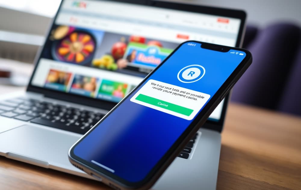 Mobiltelefon med Revolut-appen og en casinonettside i bakgrunnen – viser 3D Secure-bekreftelse.