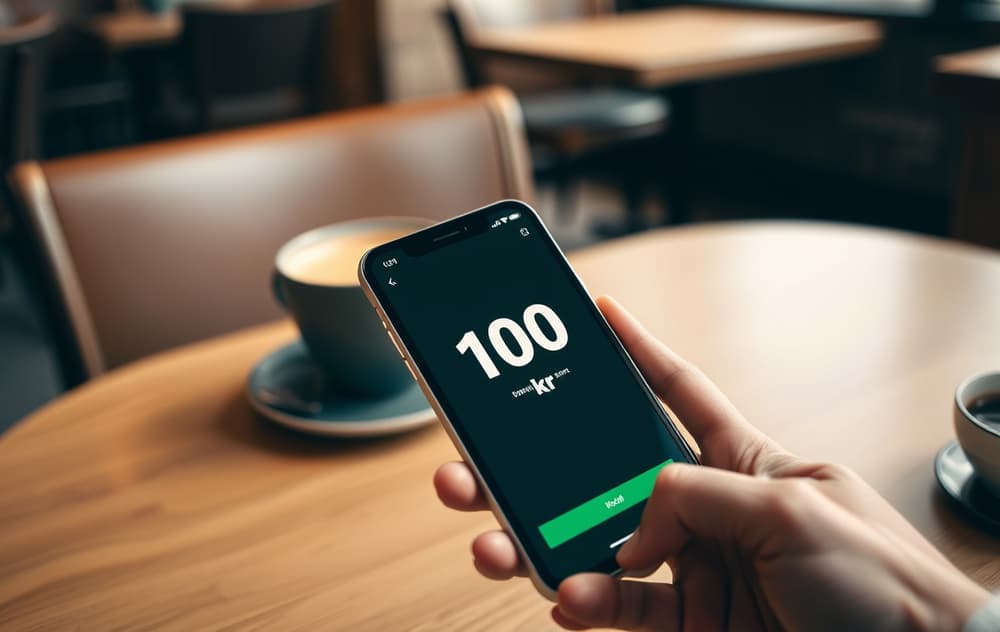 Person med mobil som viser 100 kr gratis bonustilbud fra nettcasino