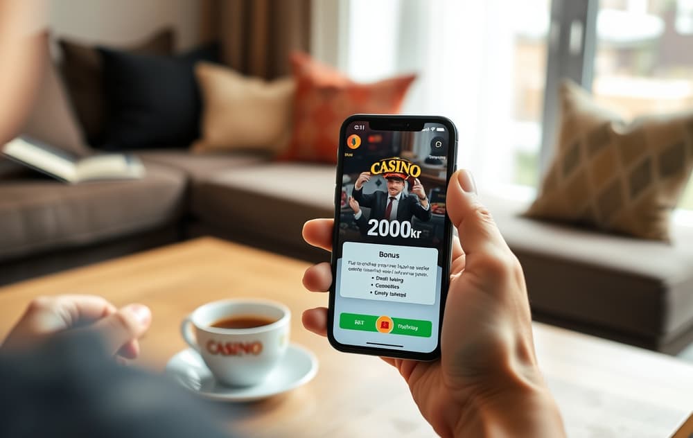 En person holder en smarttelefon med en casino-app som viser en 200 kr gratis bonus-melding, i en koselig norsk stue.