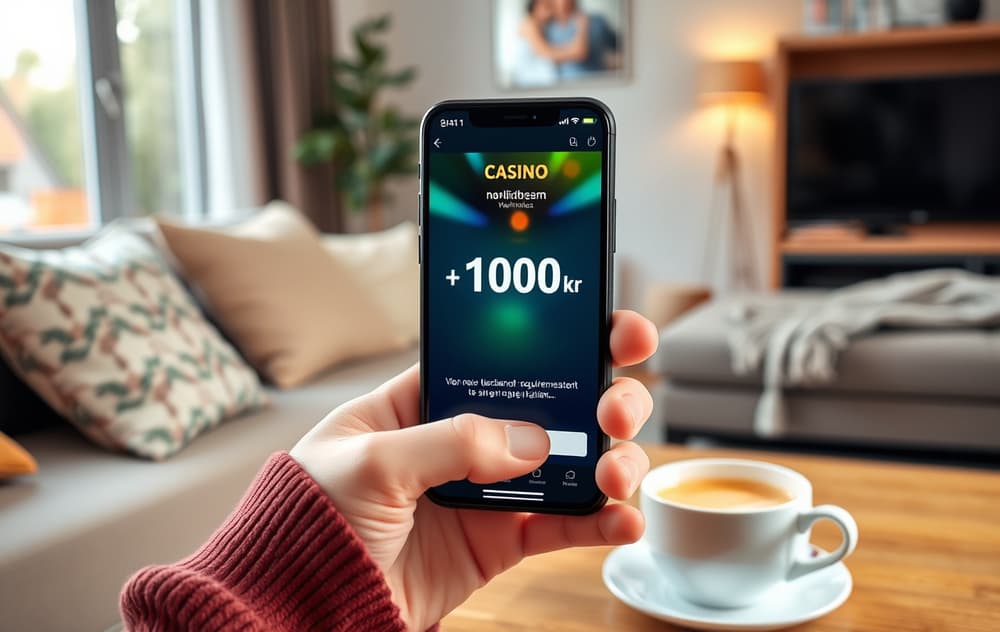 En person sitter i stuen med en kopp kaffe og ser på en bonus på 100 kroner uten omsetningskrav på mobilen.
