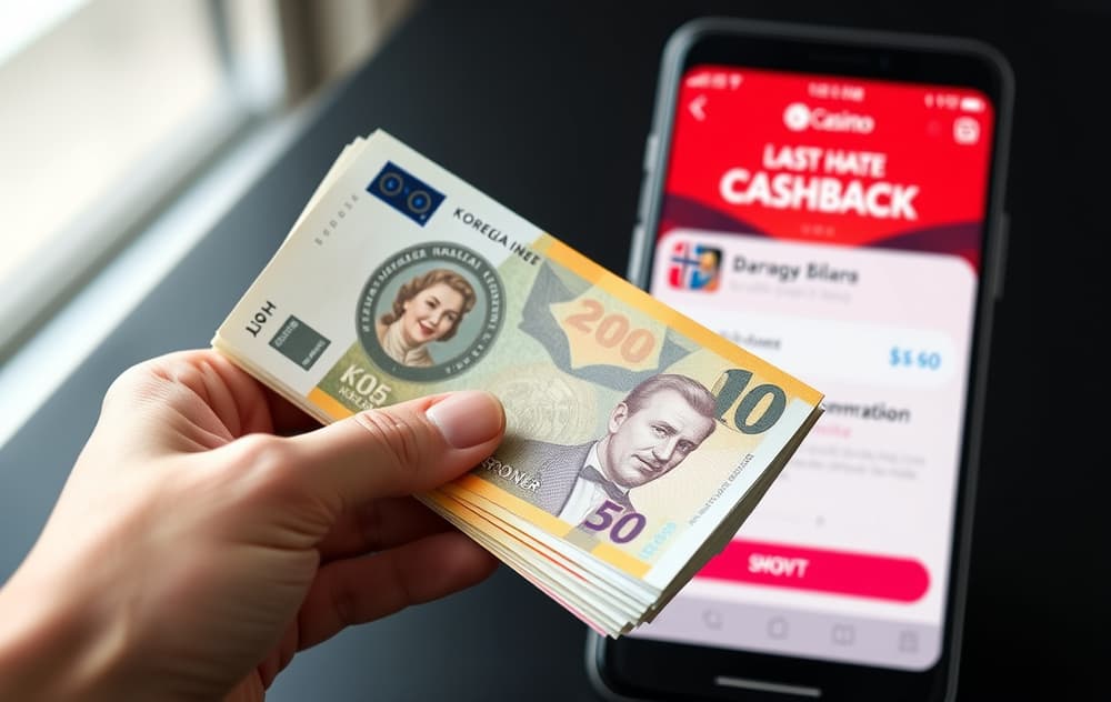 Hånd som holder norske sedler med mobiltelefon som viser cashback-melding fra et casino.