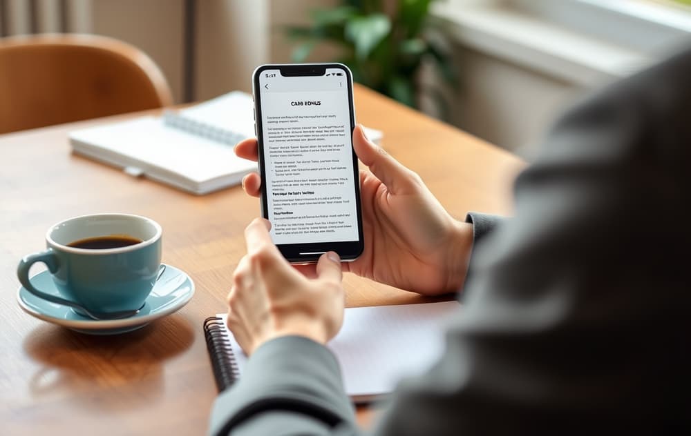 Person som leser casino bonusvilkår på mobiltelefon ved et skrivebord.