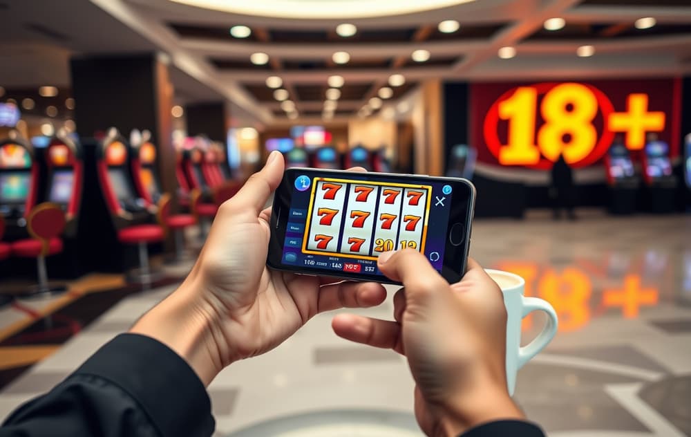 Person med smarttelefon som viser spilleautomater, kaffekopp og 18+-skilt i bakgrunnen.