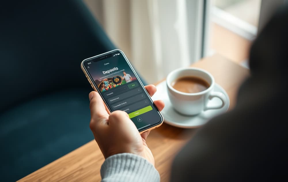 Person som holder en mobiltelefon med et casino-innskuddsskjermbilde, kaffekopp på bordet, minimalistisk skandinavisk stil.