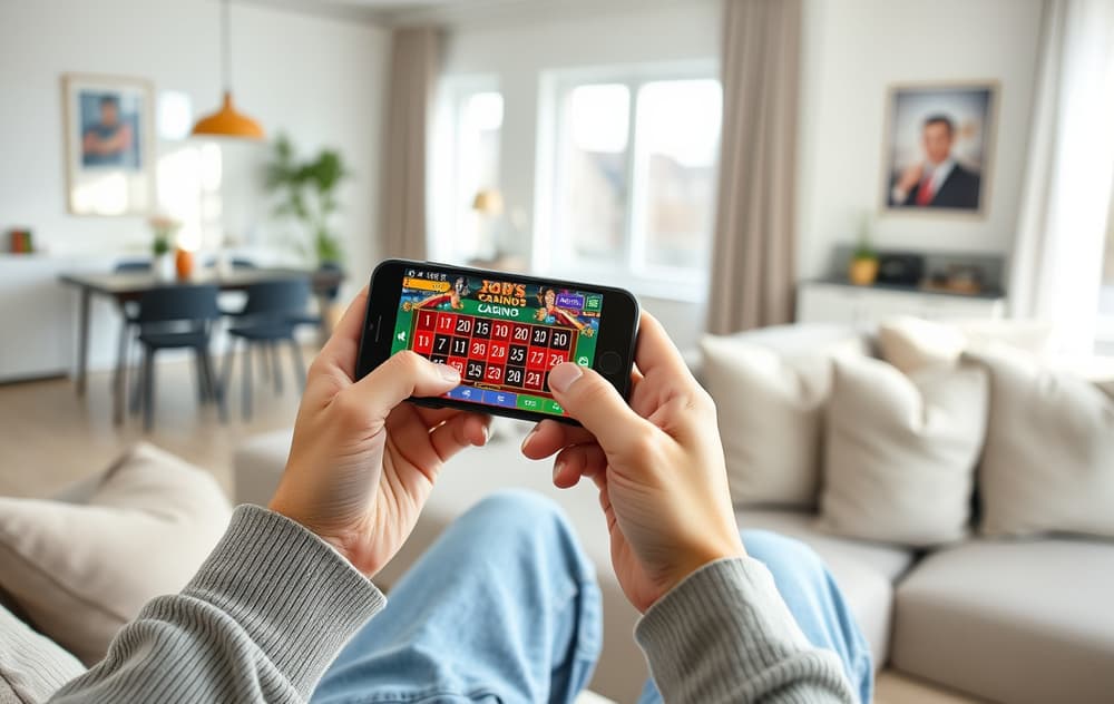 Person som spiller mobilcasino i stuen