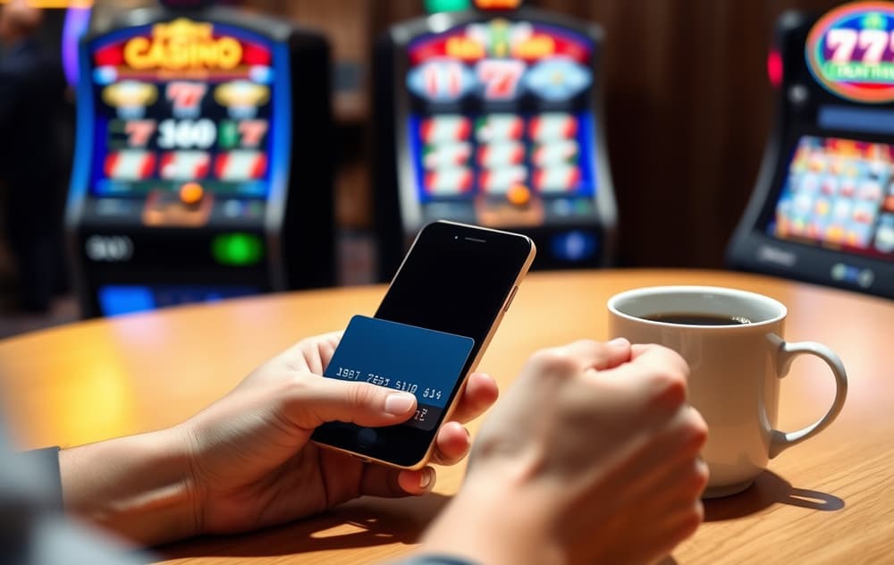 En person som betaler på casino via mobiltelefon, med kredittkort og kaffekopp på bordet foran seg.