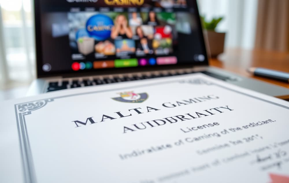 MGA-lisensbevis på et skrivebord med laptop i bakgrunnen