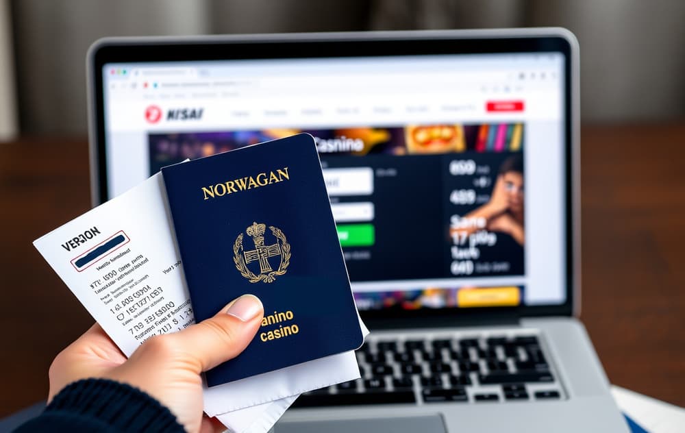 Person som holder norsk pass og strømregning foran en laptop med casino-verifiseringsskjerm