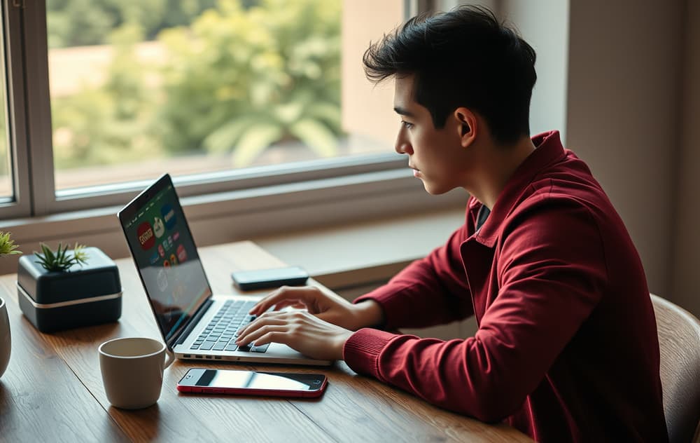 Person som velger casino på laptop med mobil og kaffe.