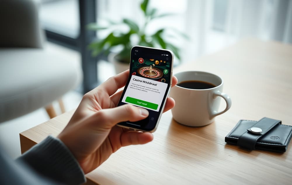 En person med smarttelefon som viser bekreftelse på casino uttak, med kaffekopp og lommebok på bordet