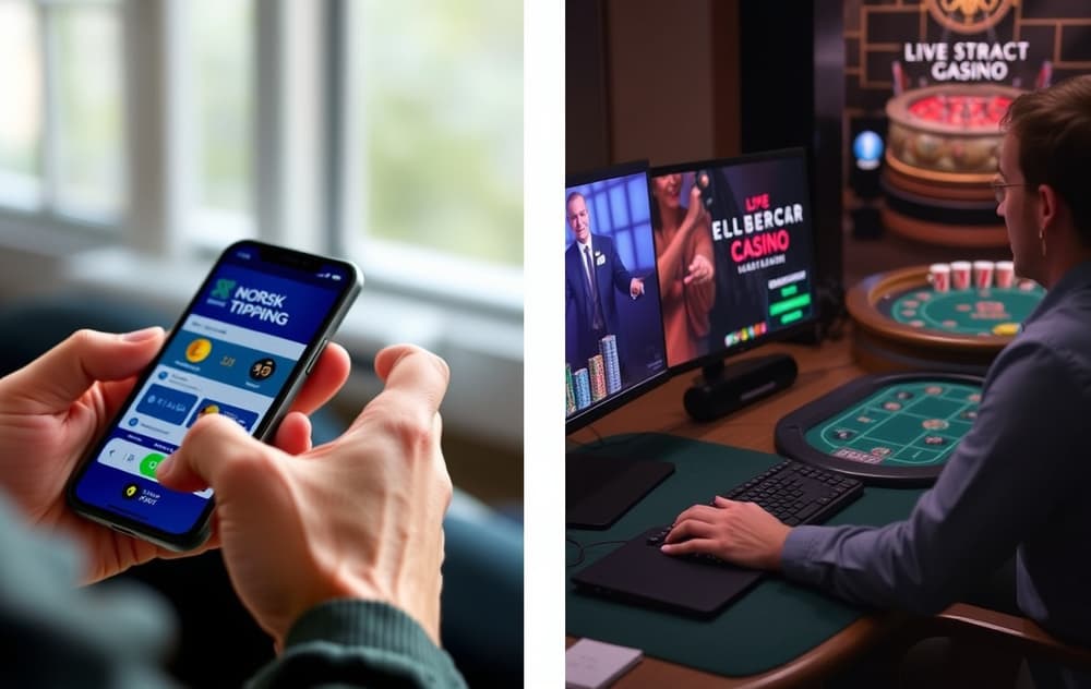 Sammenligning av Norsk Tipping-app og nettcasino live dealer – visuell kontrast mellom ansvarlig spilling og høyere innsats.