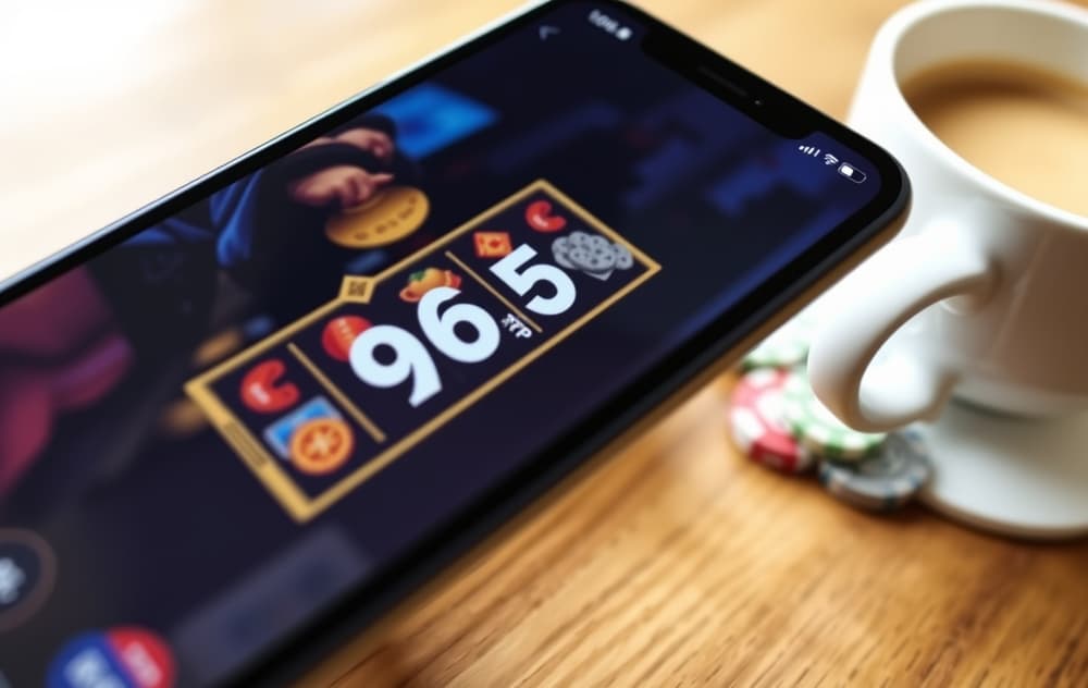 Smarttelefon som viser RTP-info for et spilleautomat, med casino chips og kaffekopp på bordet