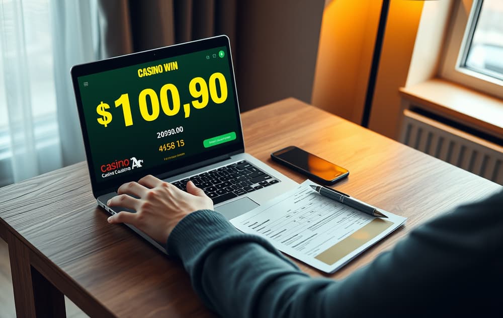 Person som fyller ut skattemelding etter casino-gevinst med kalkulator og laptop.