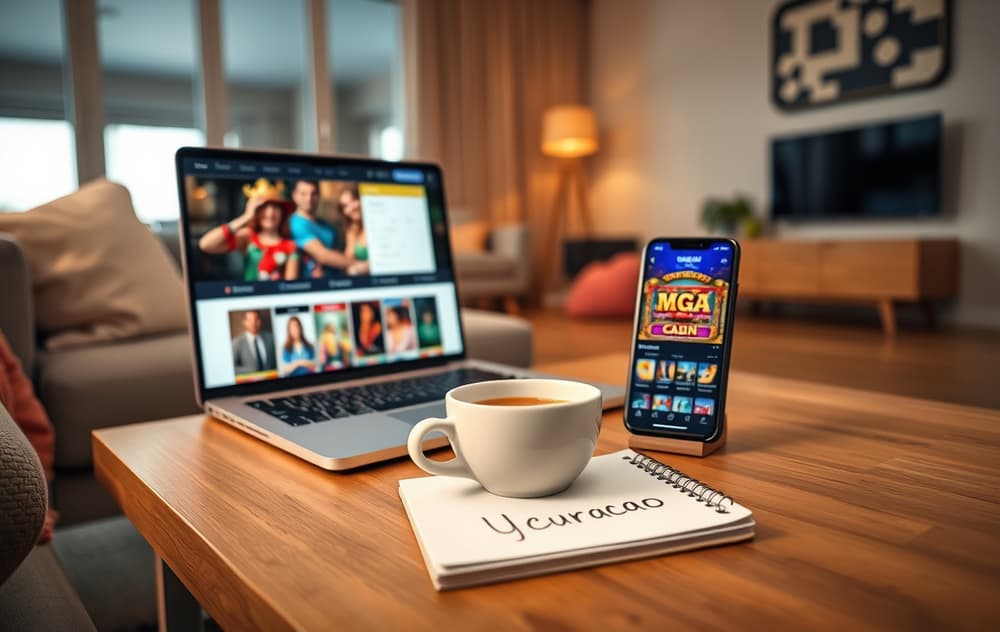 Moderne norsk stue med laptop som viser casino lobby, smarttelefon med spilleautomat, kaffekopp og notatblokk med MGA- og Curaçao-lisens.