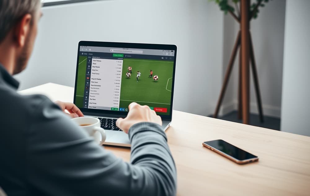 En person sammenligner odds på to bettingsider på en bærbar PC, med kaffekopp og mobiltelefon på skrivebordet.