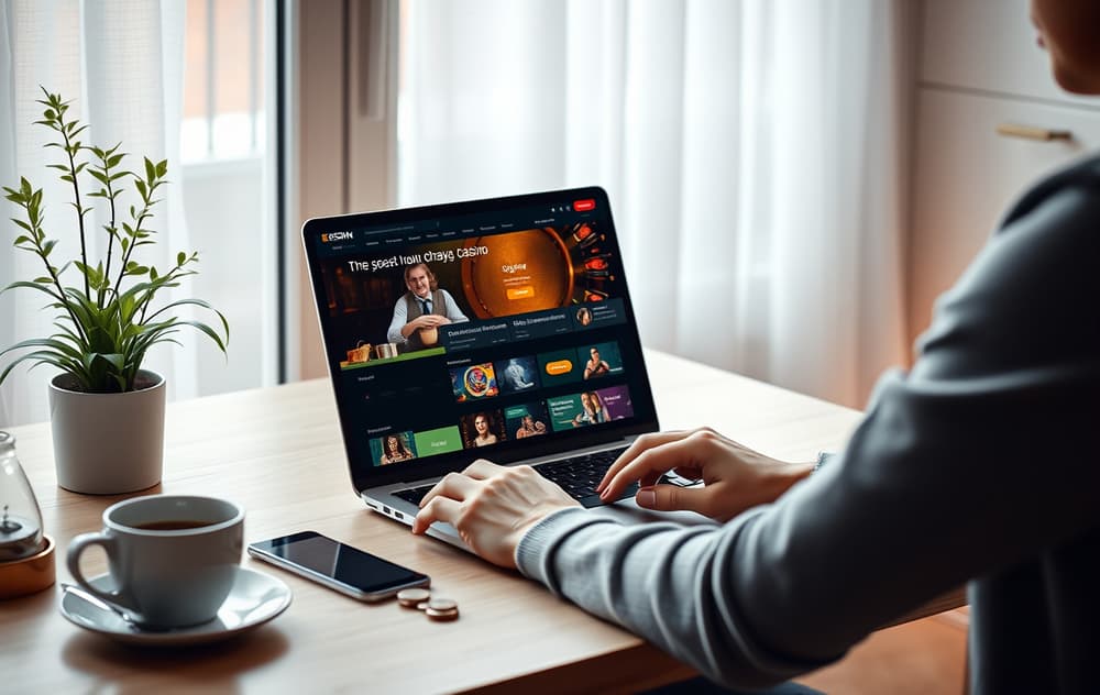 Person som sitter ved et skrivebord med laptop som viser et casino, en liten bunke mynter og en kopp kaffe.