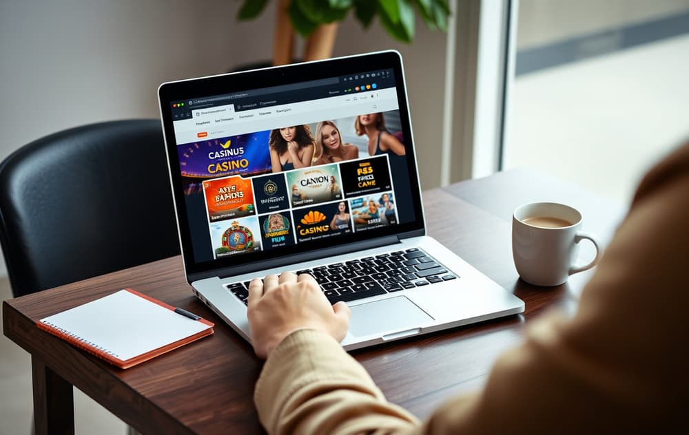 Person som sammenligner casinoer på laptop med notatblokk og kaffekopp