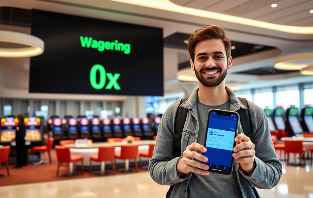 Moderne casinolobby med skjerm som viser 0x omsetningskrav, person som tar ut gevinster på mobil