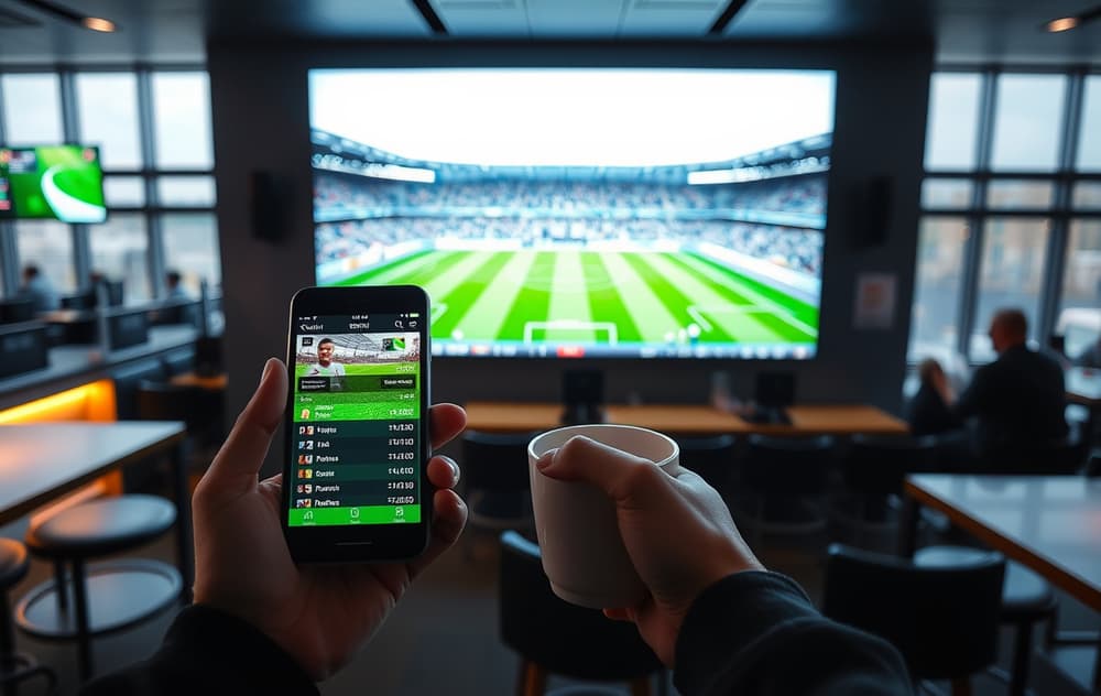 Person som sitter på en sportsbar og sjekker fotballodds på mobilen, med en kamp på storskjerm i bakgrunnen.