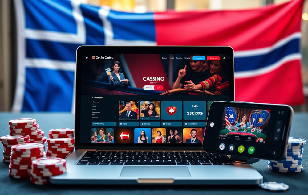 Highroller casino på bærbar PC med norsk flagg og spilleelementer