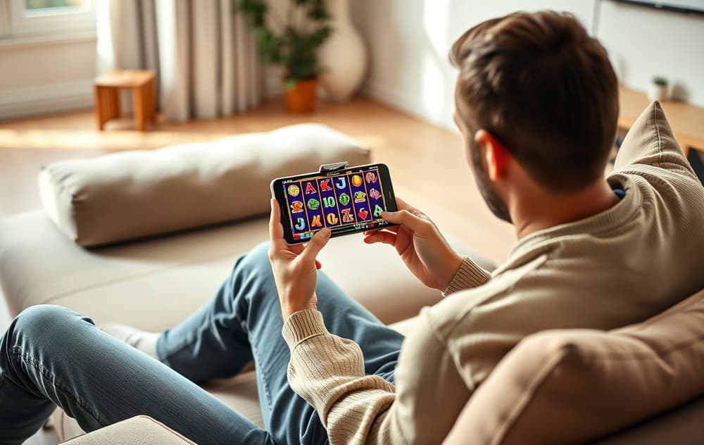Person som spiller på mobilcasino i en moderne stue.