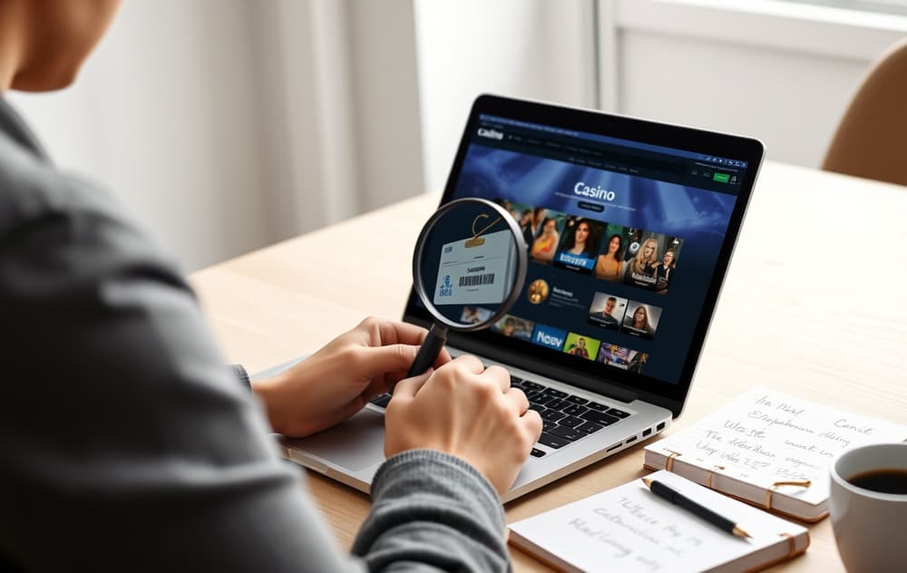 En person sammenligner casinoer på en bærbar PC med forstørrelsesglass over lisensmerke