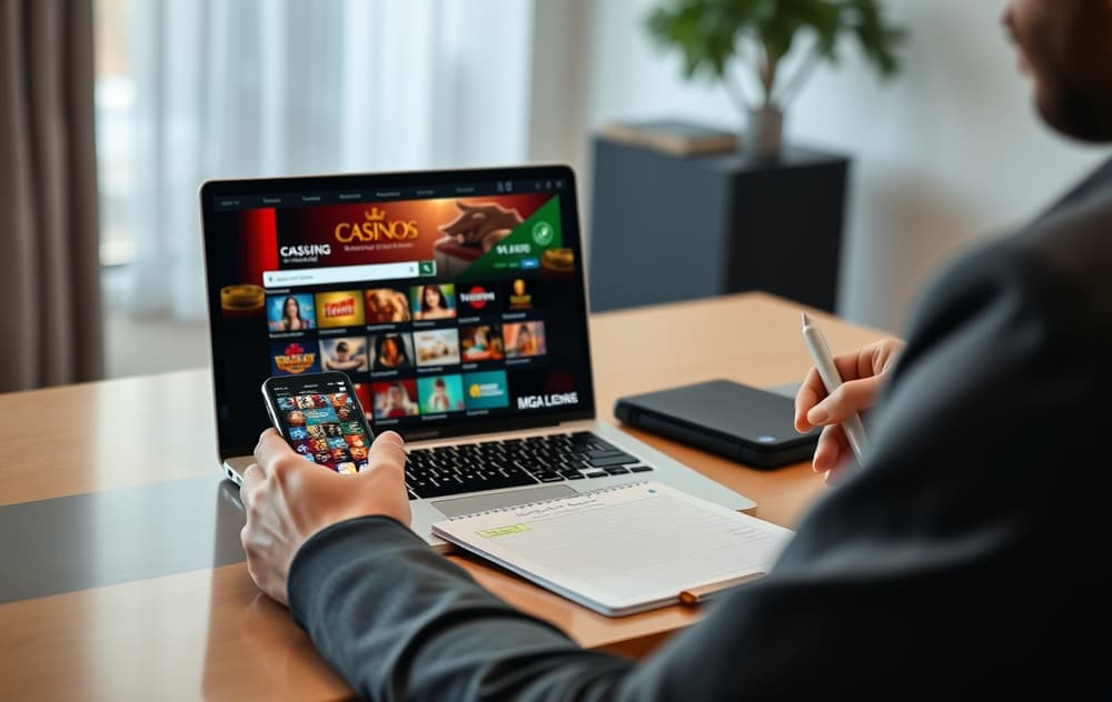 Person som sammenligner casinoer på laptop og mobil med lisenslogo synlig