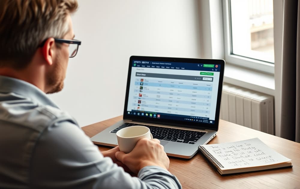 En person som sammenligner odds på en bærbar PC, med notatblokk og kaffekopp på skrivebordet