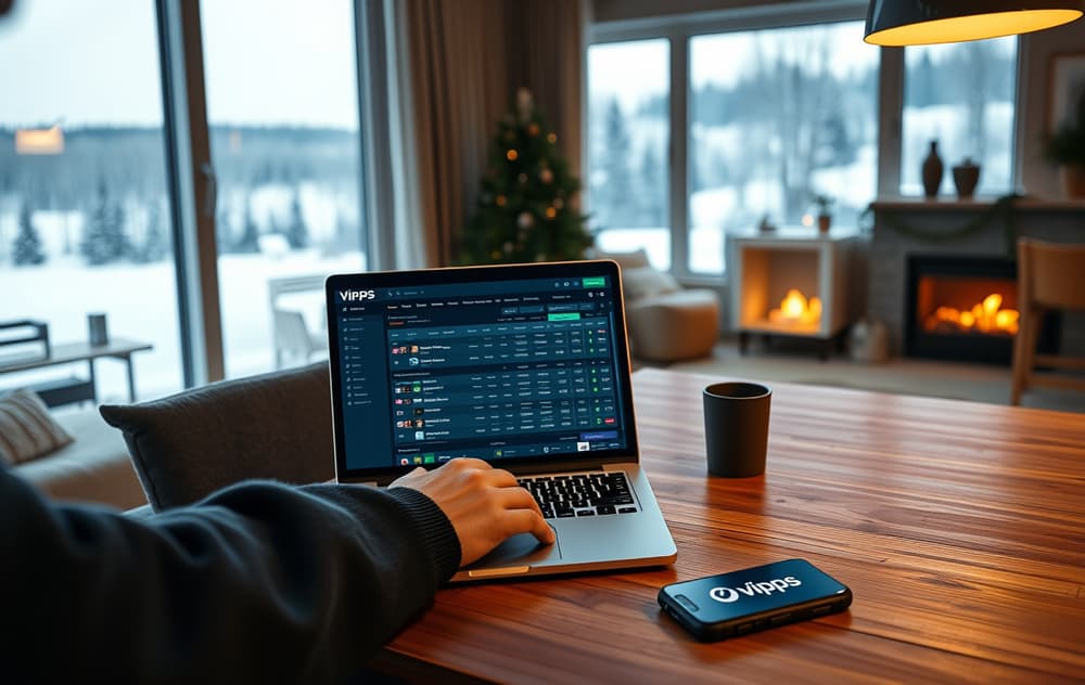 Person som sammenligner oddsbonuser på en bærbar PC med Vipps-telefon ved siden av, i en norsk stue