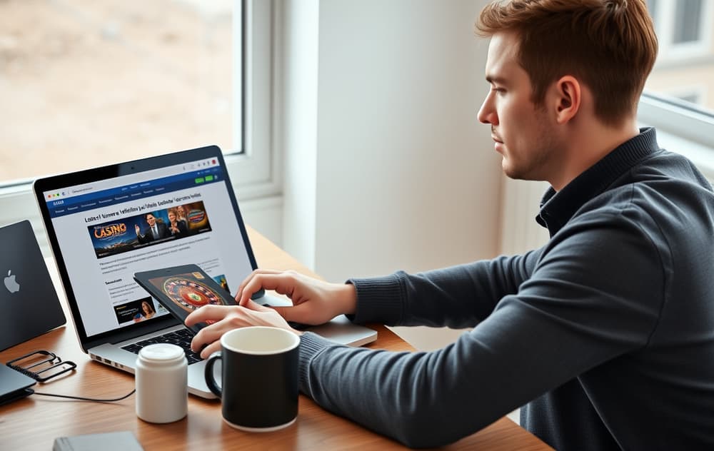 En person som sammenligner utenlandske casino på laptop og nettbrett, med fokus på lisens og bonusvilkår.