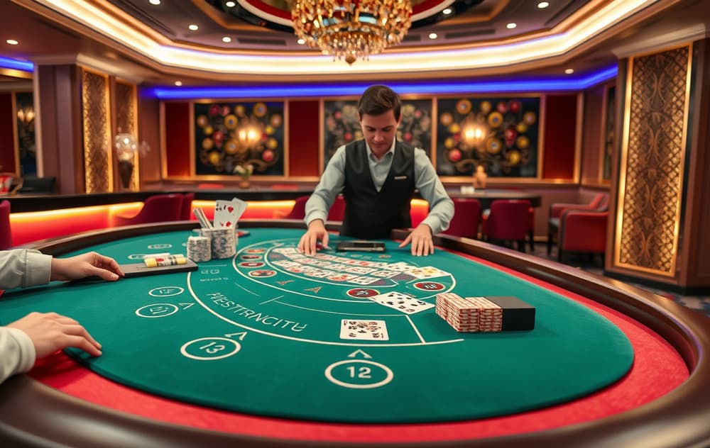 Live baccarat-bord med grønt filt, kort og sjetonger.