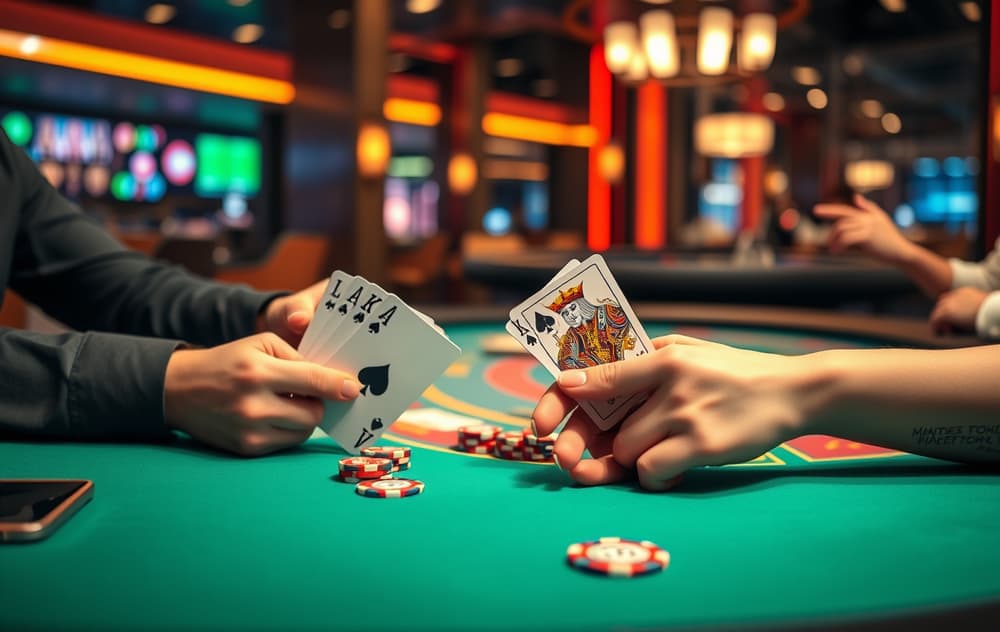 Blackjack-bord med spillerens hånd (ess og konge), dealerens kort, sjetonger og mobiltelefon, varm belysning.
