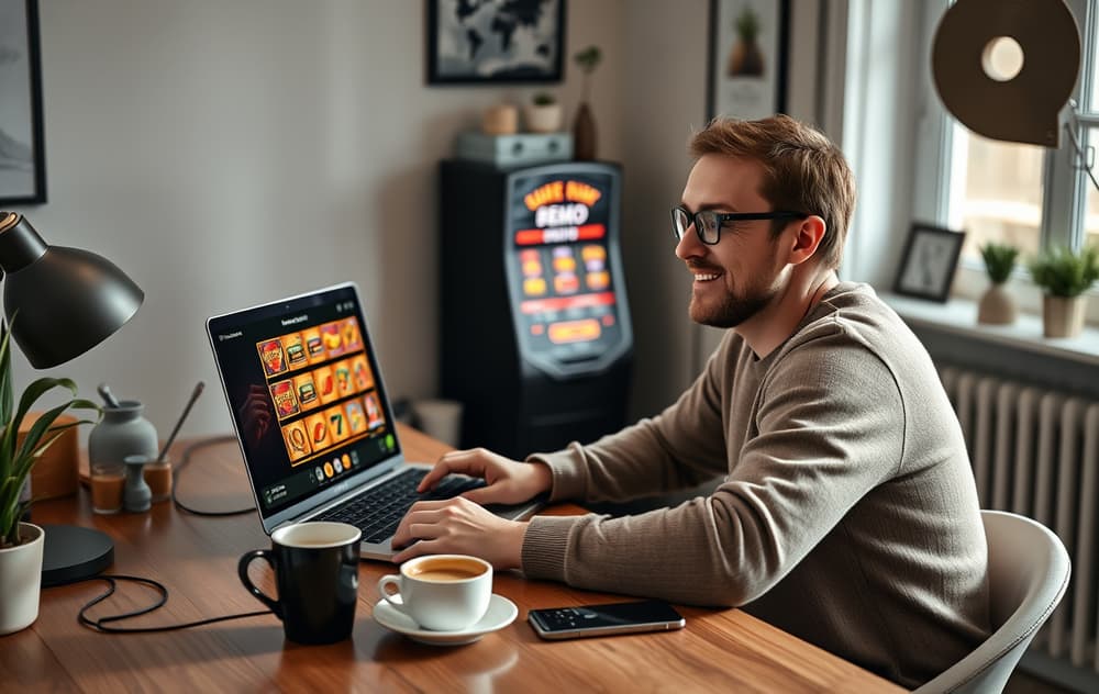 Person som spiller gratis spilleautomater på laptop i et hjemmekontor