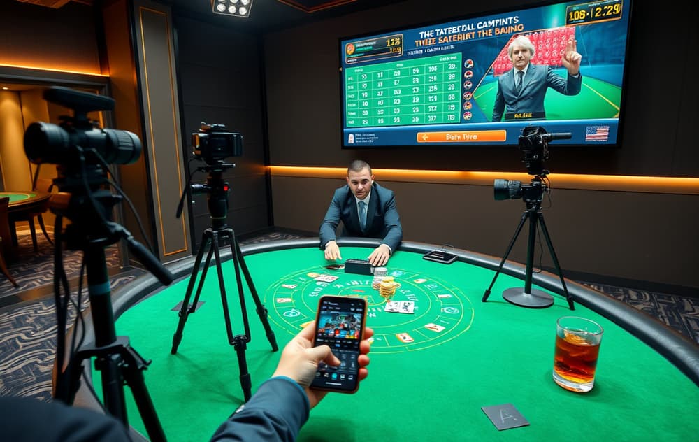 Live casino-bord med ekte dealer, kameraer og spillerens mobiltelefon i forgrunnen.