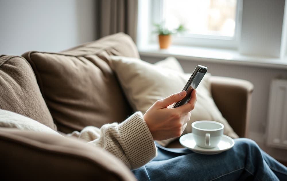 Person som spiller lotto på nett via mobiltelefon i sofaen.