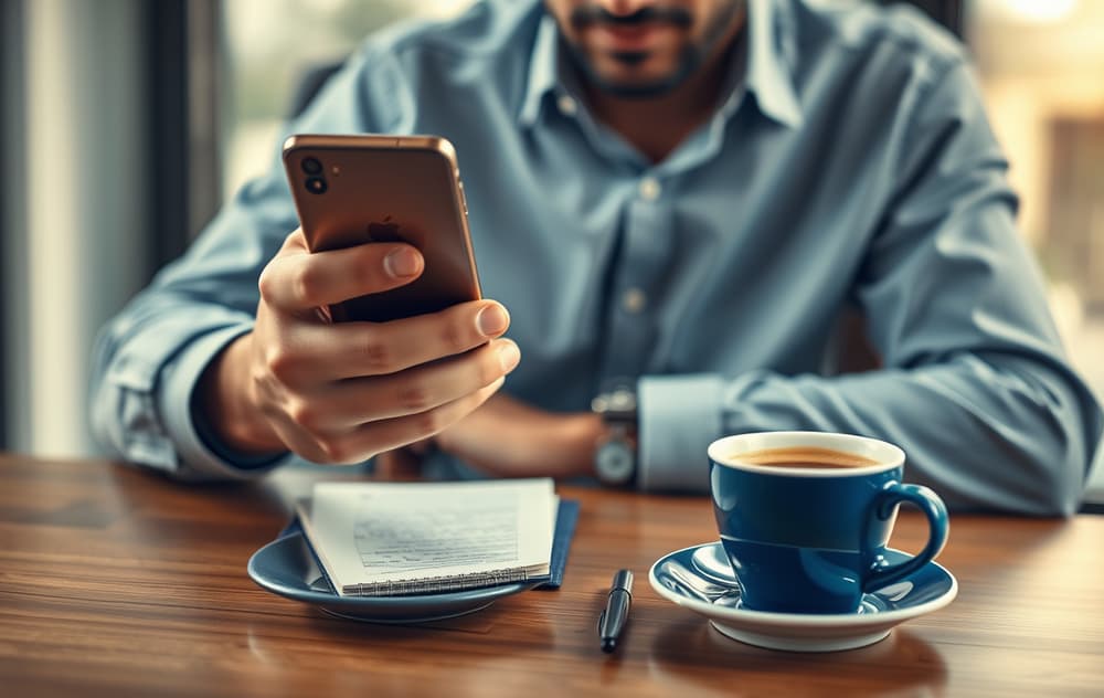 Person som spiller poker på mobilen, med kaffekopp og notater.
