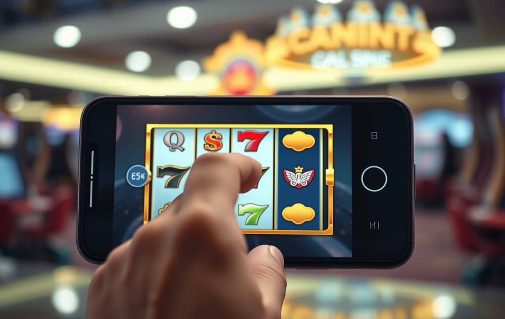 En hånd som trykker på spin-knappen på en spilleautomat-app på en mobiltelefon, med sløret casino-bakgrunn